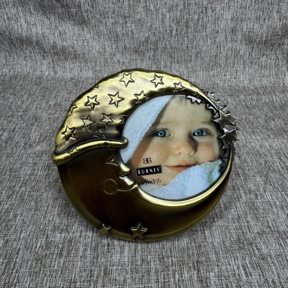 Brass Celestial Crescent Moon and Stars Metal Picture Frame 3.5x3.5